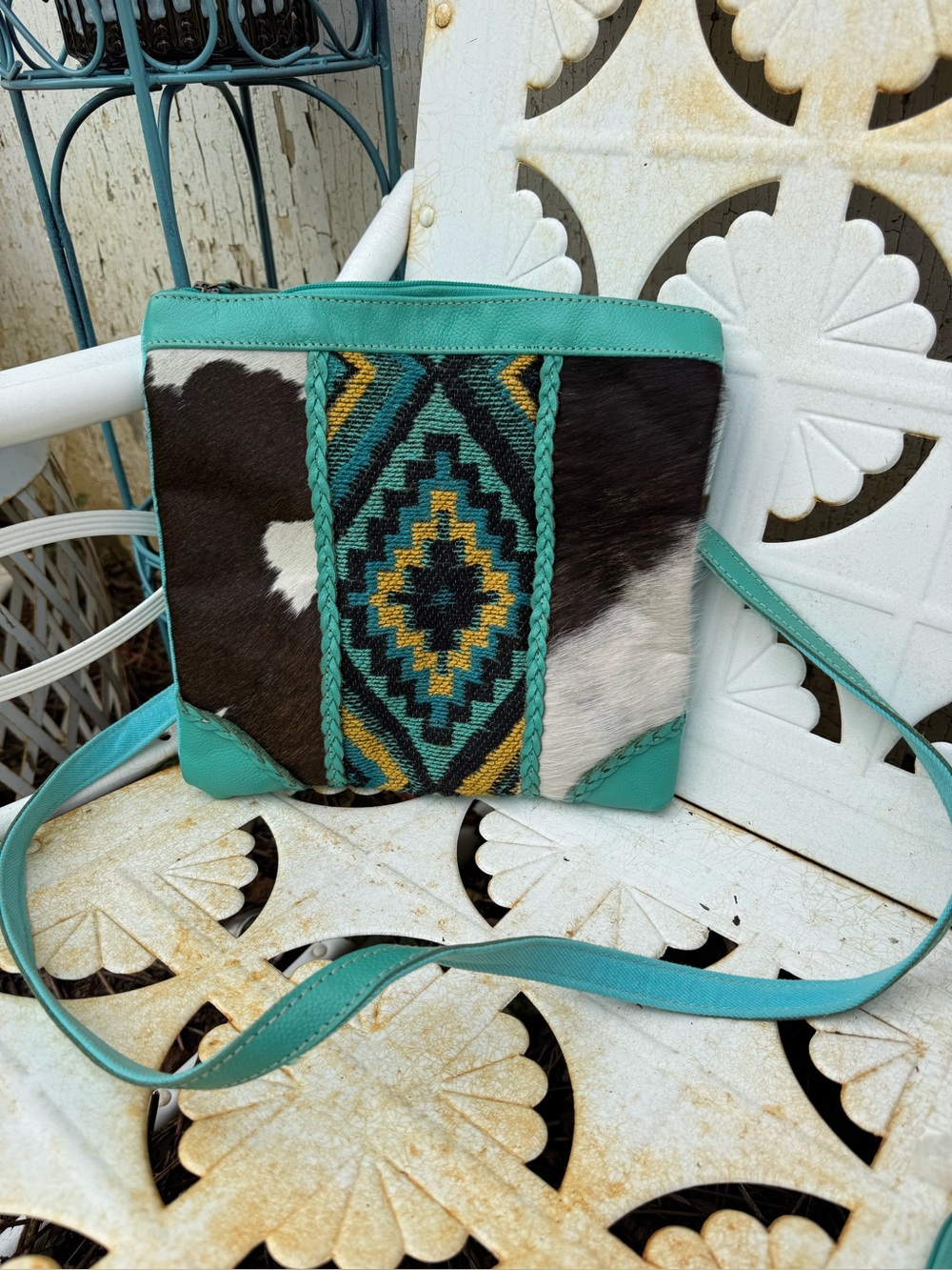 MYRA TONGA RIDGE CROSSBODY BAG TURQUOISE 11” x 10.5” CALF HAIR